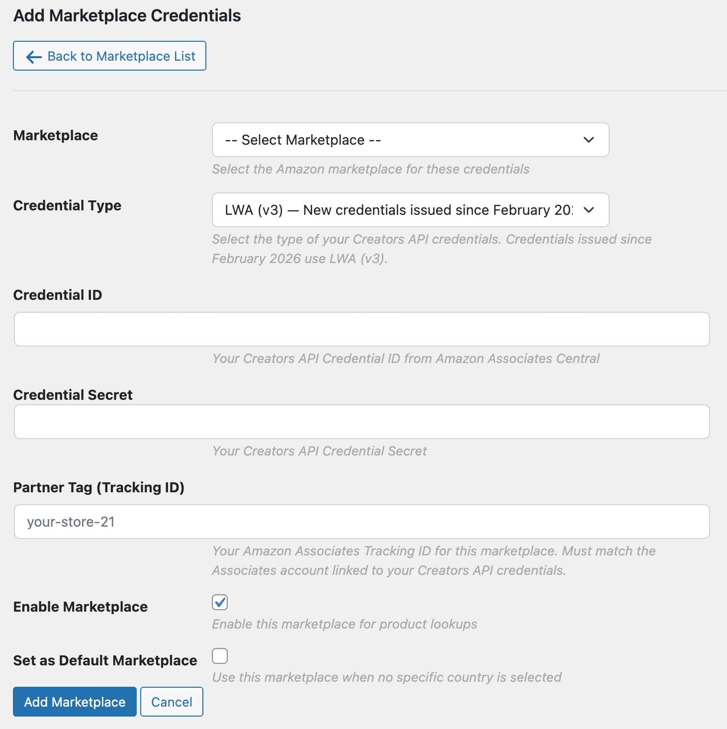 Add Marketplace form