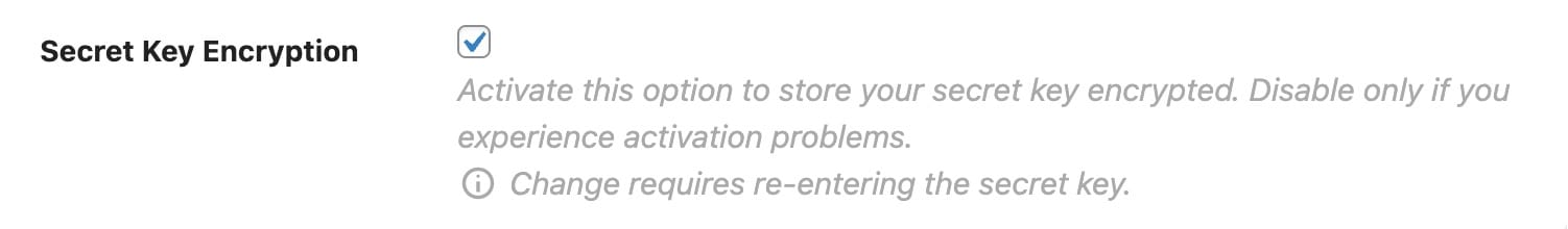 Secret key encryption option in setup