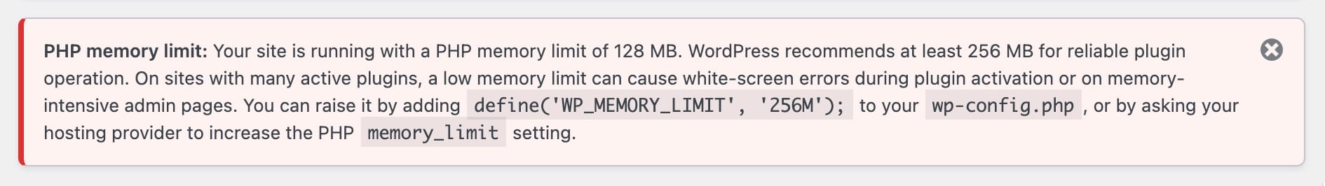 Memory limit admin notice on the WP dashboard