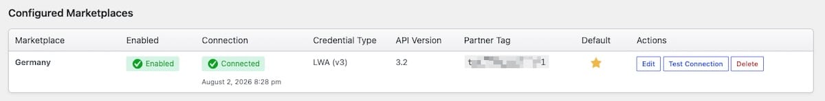 Configured Marketplaces table