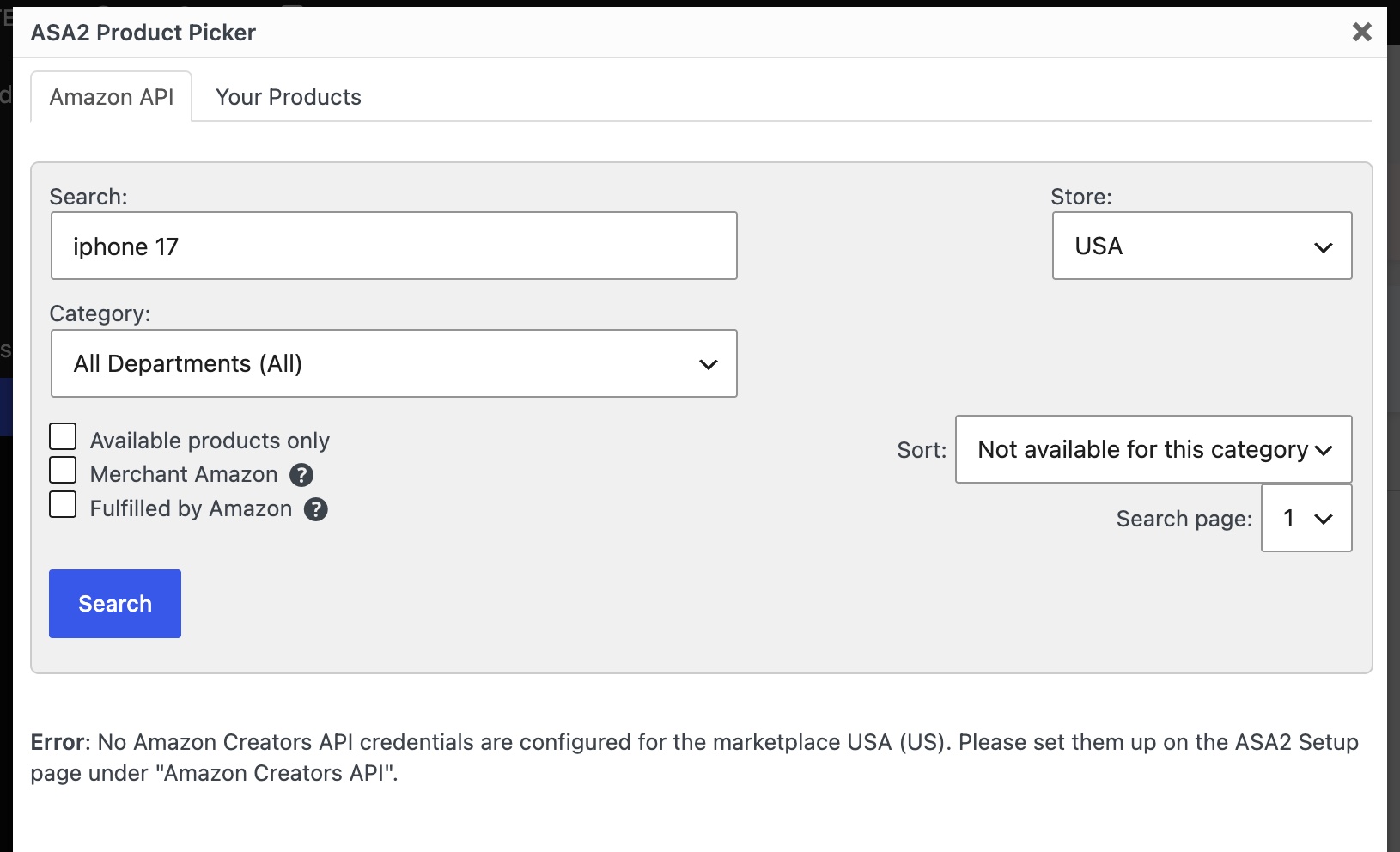 Product Picker showing the missing credentials error
