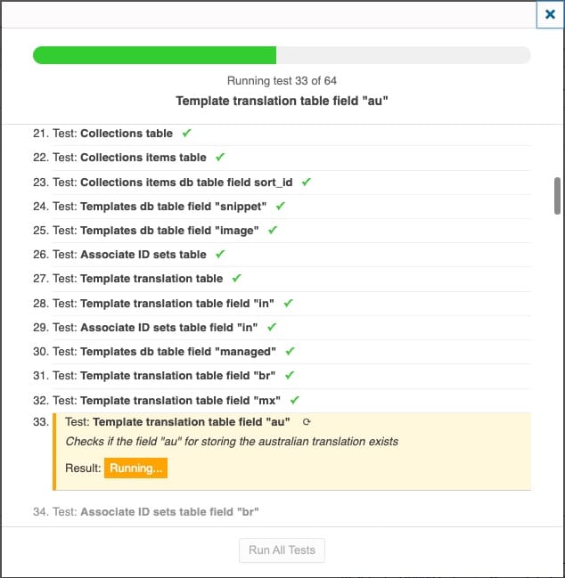 Self-test dialog with the running test name, collapsed passed tests and a fixed progress header