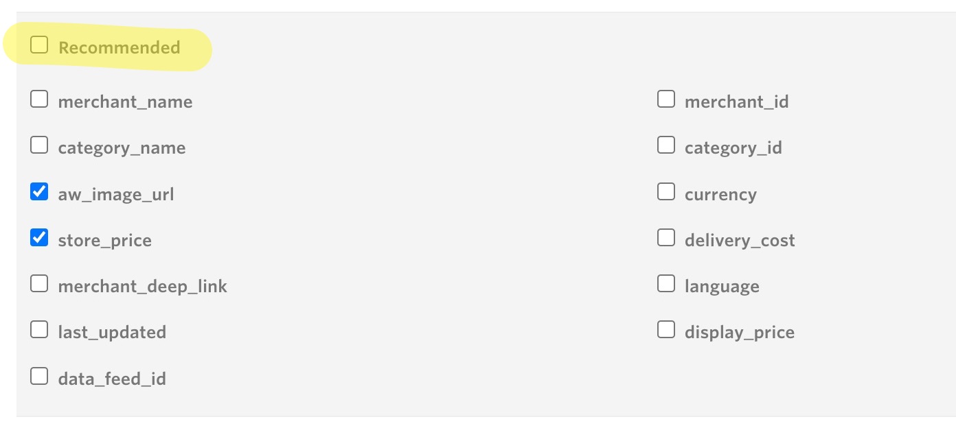 Awin datafeed recommended options