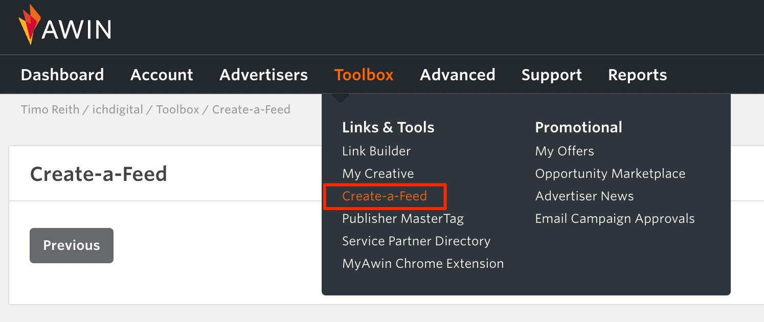 Awin main menu create feed