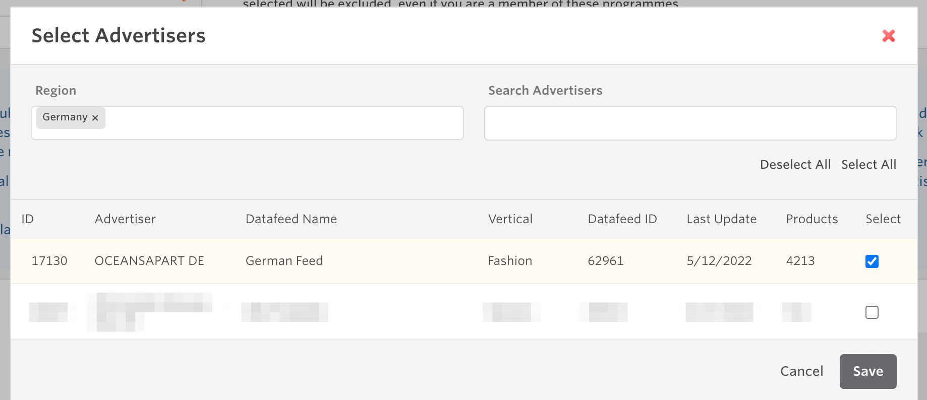 Awin select advertiser dialog