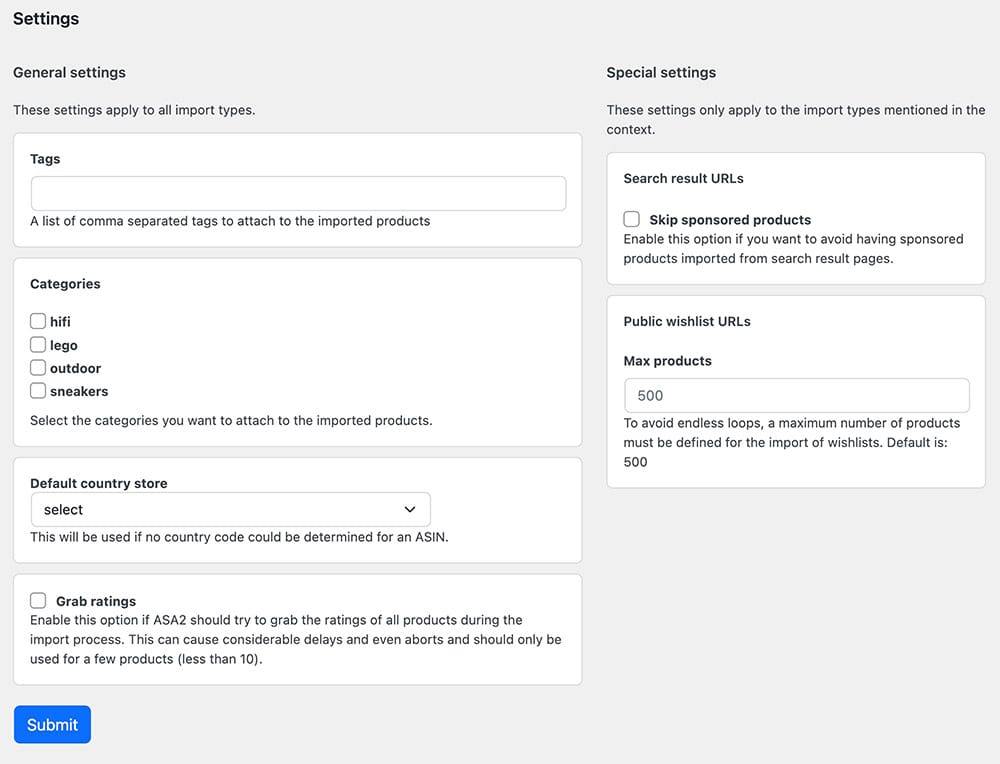 Amazon import options