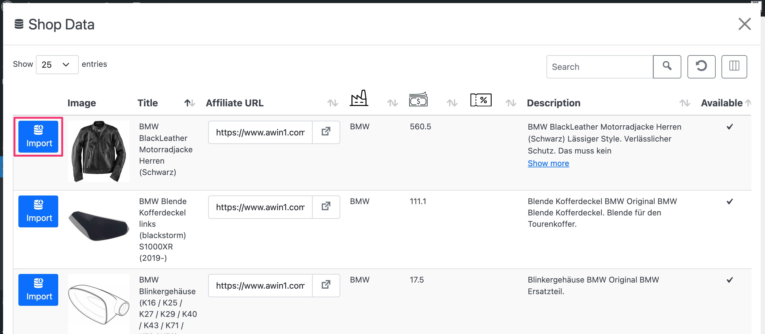 ASA2 Import Product table dialog