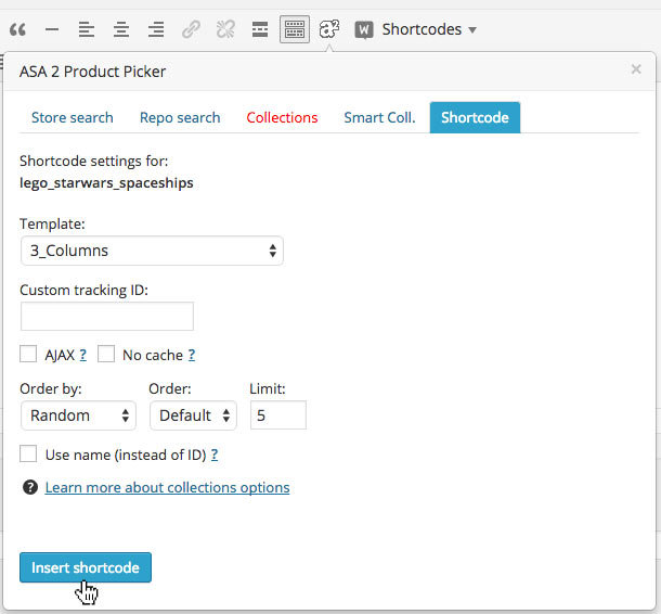 productpicker collection settings