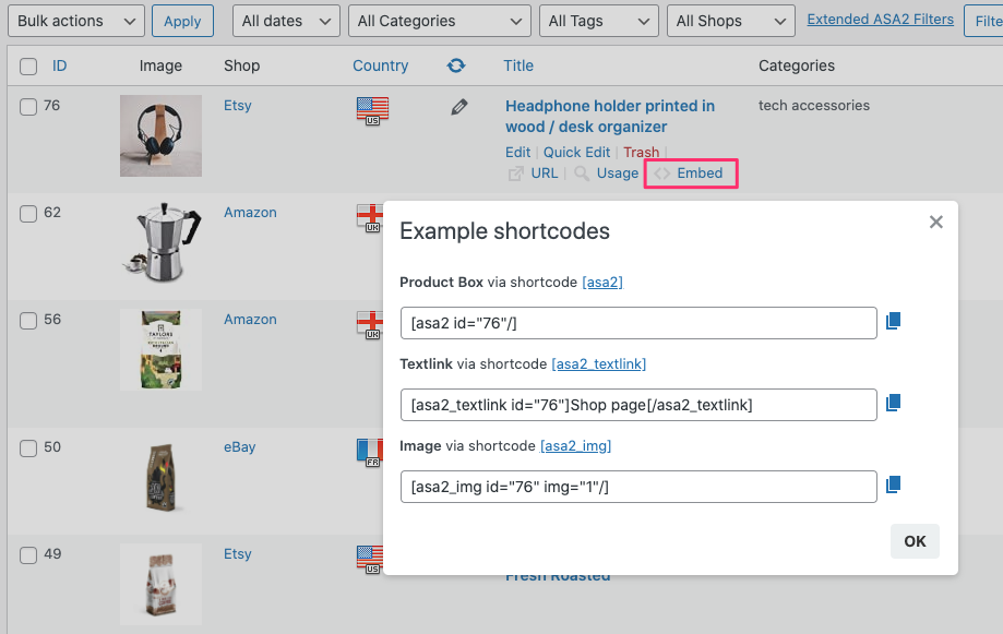 Products list embed