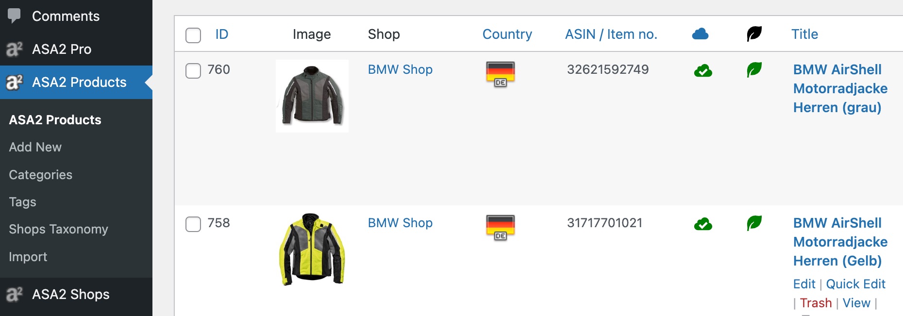 ASA2 Shop Data Import Product Page